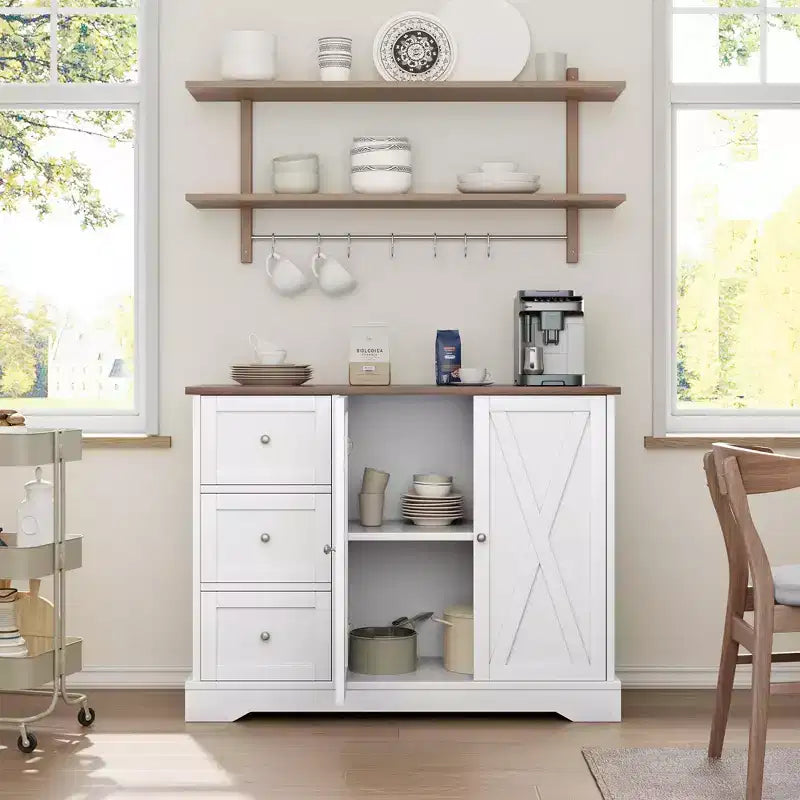 Madia con contenitore, madia con ante, mobile bar in legno con 3 cassetti, mobile contenitore per cucina, sala da pranzo, soggiorno