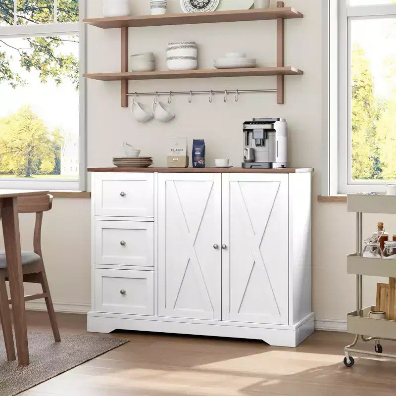 Madia con contenitore, madia con ante, mobile bar in legno con 3 cassetti, mobile contenitore per cucina, sala da pranzo, soggiorno