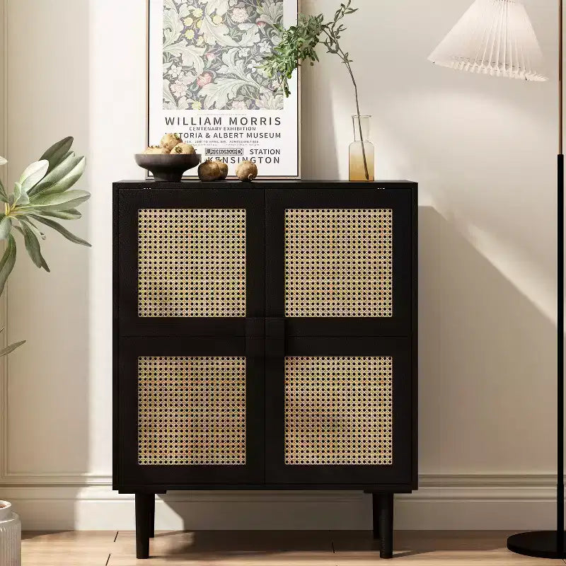 4-Door Rattan Mesh Storage Cabinet, 8-Shelf Sideboard with Diamond Handles for Entryway/Living Room Storage, Natural/Black/Gray - ModernLuxe