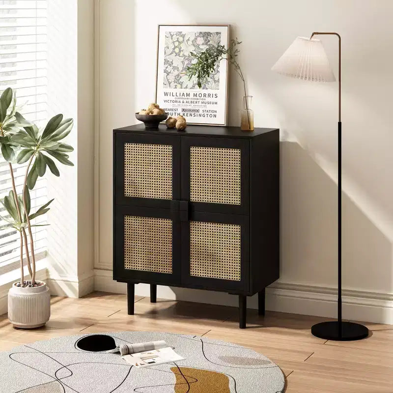 Mobile Contenitore a 4 Ante con Rattan a Rete, Credenza a 8 Ripiani con Maniglie a Diamante per Ingresso/Soggiorno, Naturale/Nero/Grigio - ModernLuxe