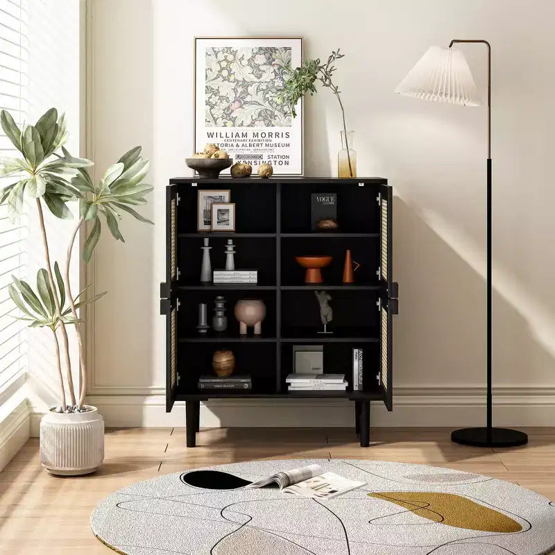 Mobile Contenitore a 4 Ante con Rattan a Rete, Credenza a 8 Ripiani con Maniglie a Diamante per Ingresso/Soggiorno, Naturale/Nero/Grigio - ModernLuxe