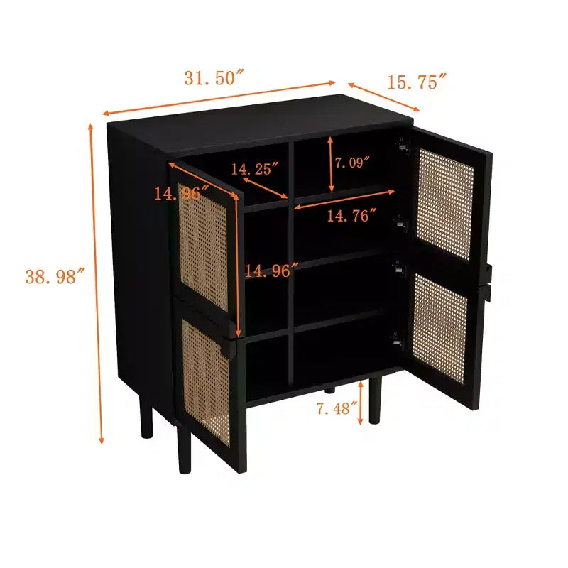 Mobile Contenitore a 4 Ante con Rattan a Rete, Credenza a 8 Ripiani con Maniglie a Diamante per Ingresso/Soggiorno, Naturale/Nero/Grigio - ModernLuxe