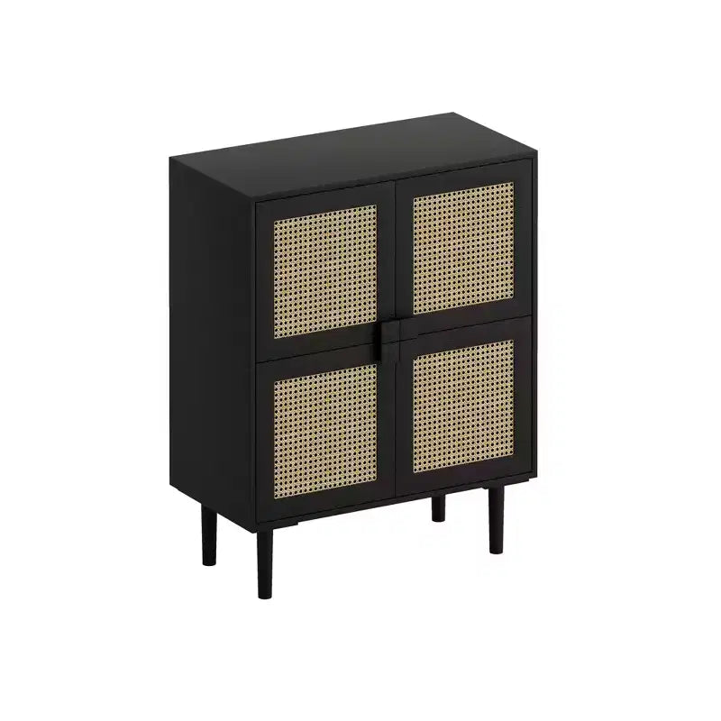 Mobile Contenitore a 4 Ante con Rattan a Rete, Credenza a 8 Ripiani con Maniglie a Diamante per Ingresso/Soggiorno, Naturale/Nero/Grigio - ModernLuxe