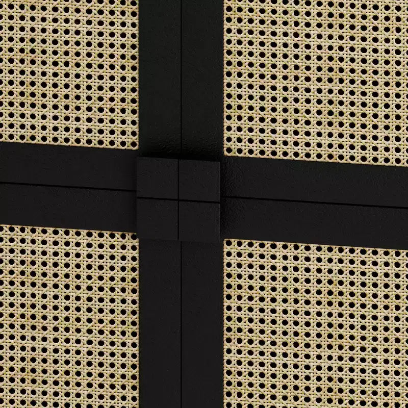Mobile Contenitore a 4 Ante con Rattan a Rete, Credenza a 8 Ripiani con Maniglie a Diamante per Ingresso/Soggiorno, Naturale/Nero/Grigio - ModernLuxe