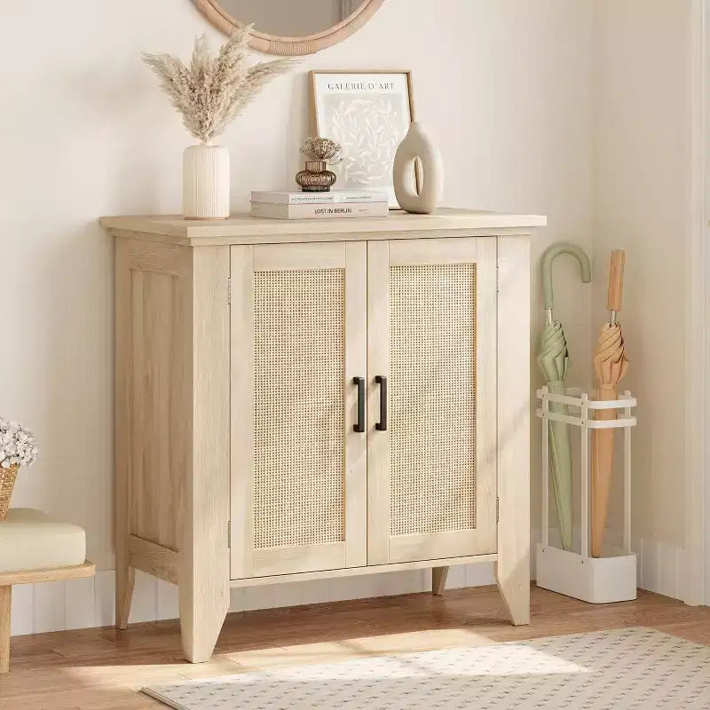 Buffet bas en rotin, Petit meuble de rangement avec portes et étagères, Commode en bois pour salon, salle à manger, cuisine, Chêne naturel