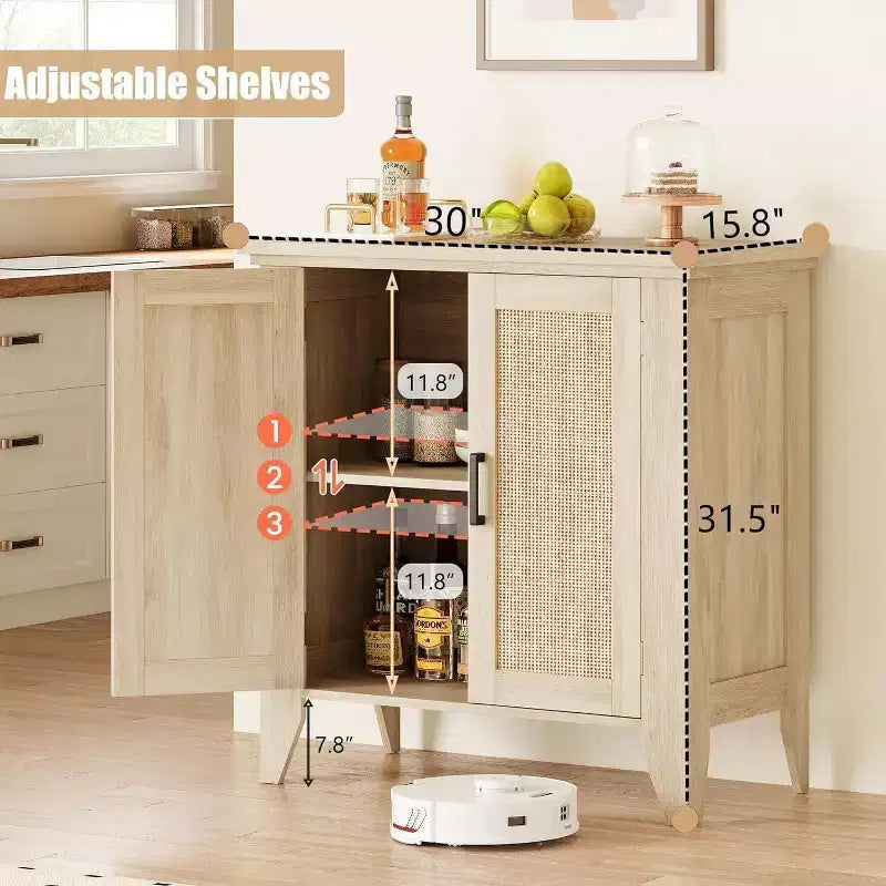 Buffet bas en rotin, Petit meuble de rangement avec portes et étagères, Commode en bois pour salon, salle à manger, cuisine, Chêne naturel