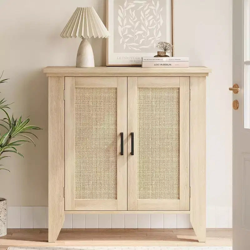 Buffet bas en rotin, Petit meuble de rangement avec portes et étagères, Commode en bois pour salon, salle à manger, cuisine, Chêne naturel