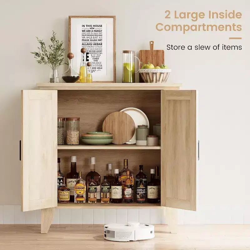 Buffet bas en rotin, Petit meuble de rangement avec portes et étagères, Commode en bois pour salon, salle à manger, cuisine, Chêne naturel
