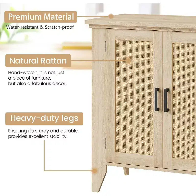 Buffet bas en rotin, Petit meuble de rangement avec portes et étagères, Commode en bois pour salon, salle à manger, cuisine, Chêne naturel