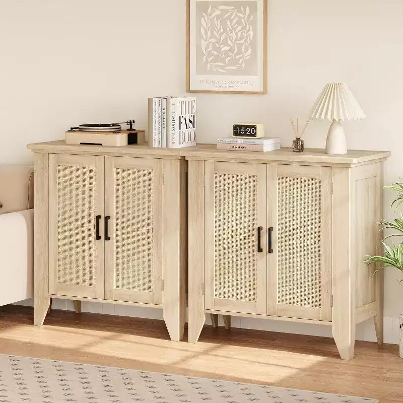 Buffet bas en rotin, Petit meuble de rangement avec portes et étagères, Commode en bois pour salon, salle à manger, cuisine, Chêne naturel