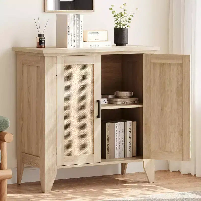 Buffet bas en rotin, Petit meuble de rangement avec portes et étagères, Commode en bois pour salon, salle à manger, cuisine, Chêne naturel