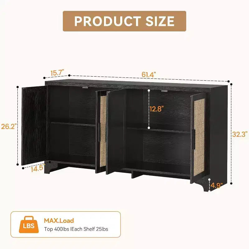 Buffet bas en rotin, Petit meuble de rangement avec portes et étagères, Commode en bois pour salon, salle à manger, cuisine, Chêne naturel