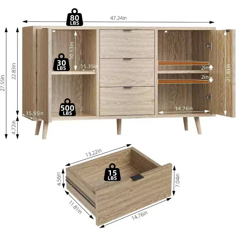 Buffet bas en rotin, Petit meuble de rangement avec portes et étagères, Commode en bois pour salon, salle à manger, cuisine, Chêne naturel