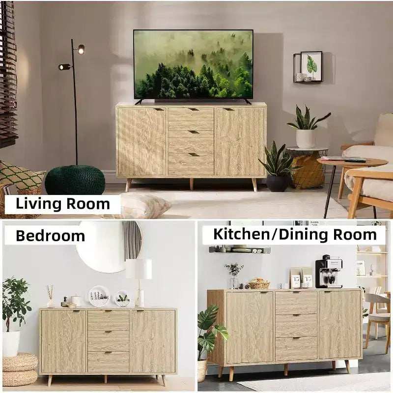Buffet bas en rotin, Petit meuble de rangement avec portes et étagères, Commode en bois pour salon, salle à manger, cuisine, Chêne naturel