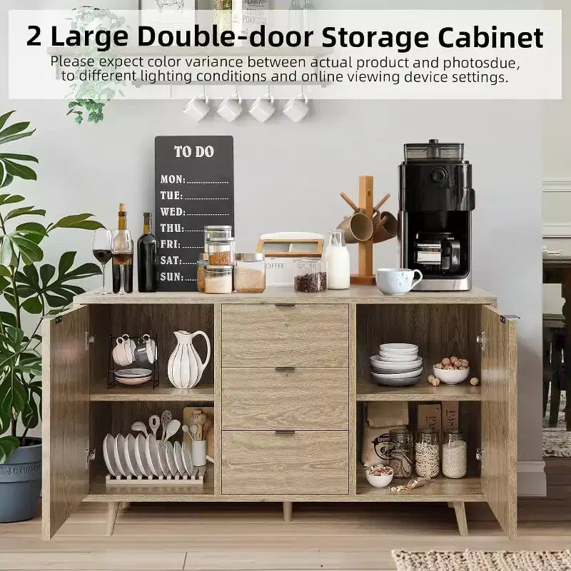 Buffet bas en rotin, Petit meuble de rangement avec portes et étagères, Commode en bois pour salon, salle à manger, cuisine, Chêne naturel