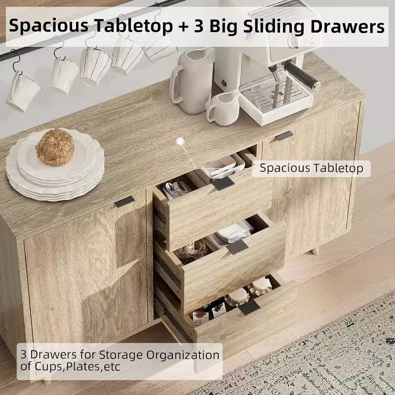 Buffet bas en rotin, Petit meuble de rangement avec portes et étagères, Commode en bois pour salon, salle à manger, cuisine, Chêne naturel