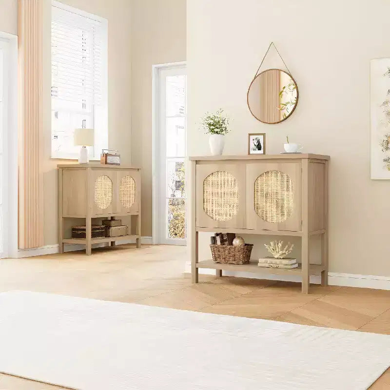 Buffet bas en rotin, Petit meuble de rangement avec portes et étagères, Commode en bois pour salon, salle à manger, cuisine, Chêne naturel