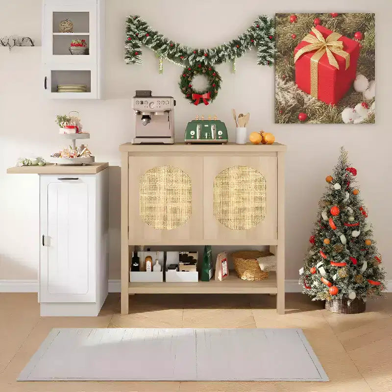 Buffet bas en rotin, Petit meuble de rangement avec portes et étagères, Commode en bois pour salon, salle à manger, cuisine, Chêne naturel
