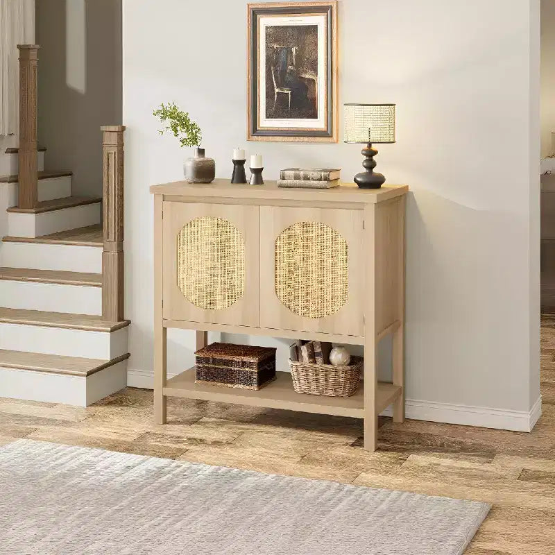 Buffet bas en rotin, Petit meuble de rangement avec portes et étagères, Commode en bois pour salon, salle à manger, cuisine, Chêne naturel