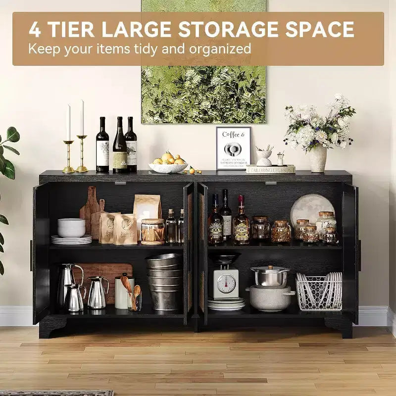 Buffet bas en rotin, Petit meuble de rangement avec portes et étagères, Commode en bois pour salon, salle à manger, cuisine, Chêne naturel