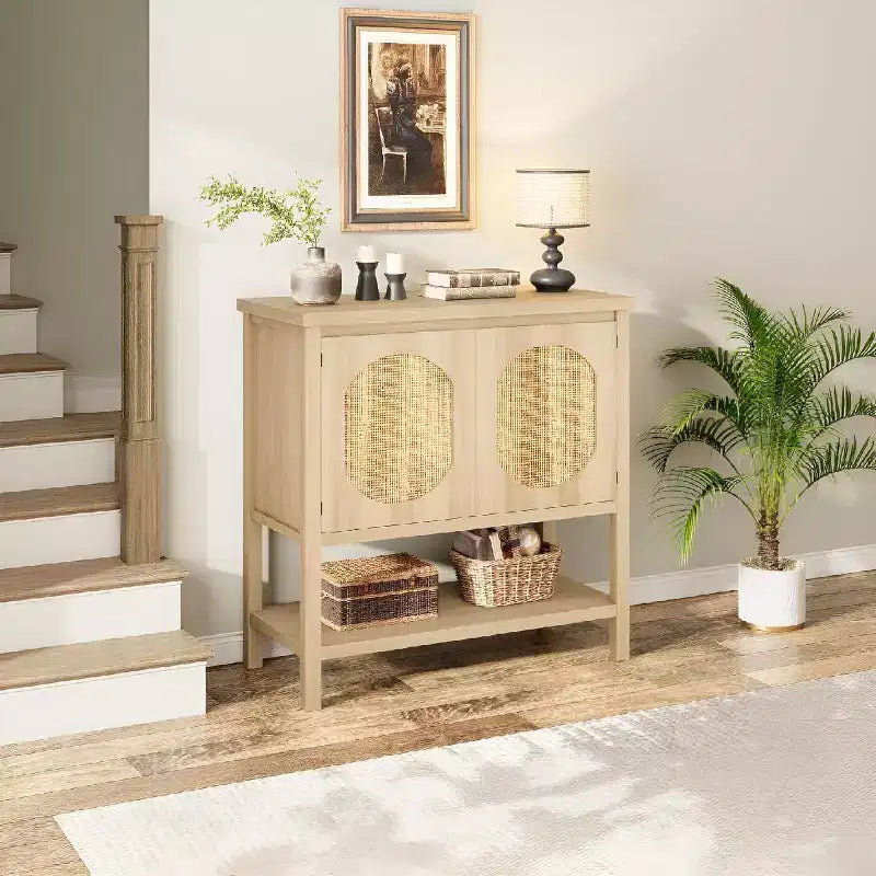 Buffet bas en rotin, Petit meuble de rangement avec portes et étagères, Commode en bois pour salon, salle à manger, cuisine, Chêne naturel
