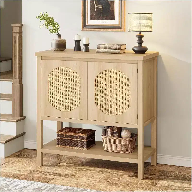 Buffet bas en rotin, Petit meuble de rangement avec portes et étagères, Commode en bois pour salon, salle à manger, cuisine, Chêne naturel