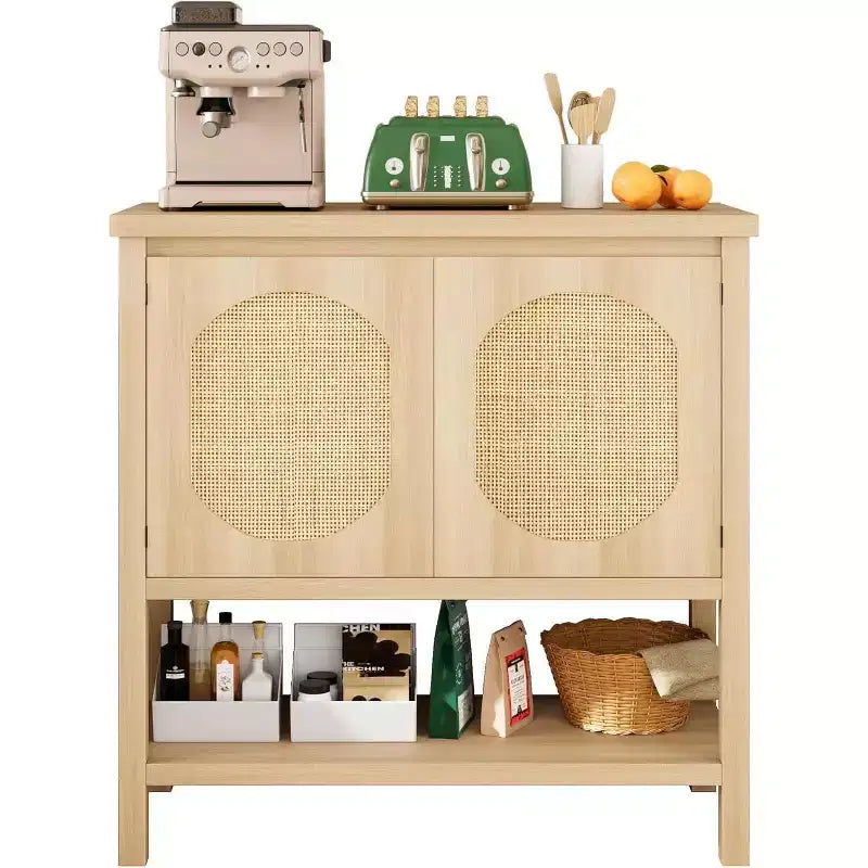 Buffet bas en rotin, Petit meuble de rangement avec portes et étagères, Commode en bois pour salon, salle à manger, cuisine, Chêne naturel