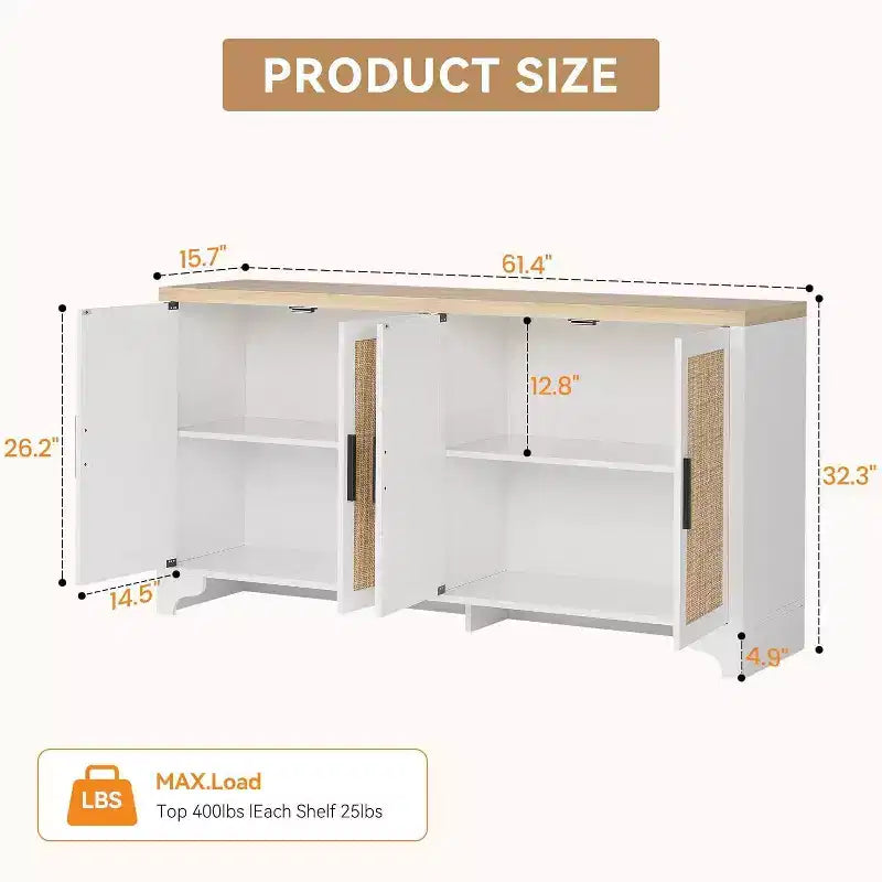 Buffet bas en rotin, Petit meuble de rangement avec portes et étagères, Commode en bois pour salon, salle à manger, cuisine, Chêne naturel