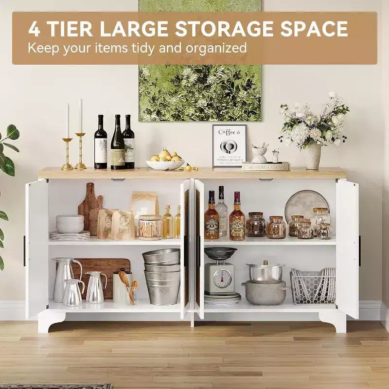 Buffet bas en rotin, Petit meuble de rangement avec portes et étagères, Commode en bois pour salon, salle à manger, cuisine, Chêne naturel