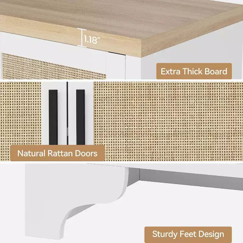 Buffet bas en rotin, Petit meuble de rangement avec portes et étagères, Commode en bois pour salon, salle à manger, cuisine, Chêne naturel