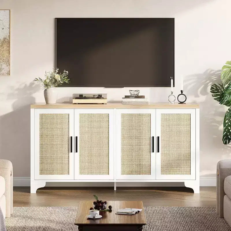 Buffet bas en rotin, Petit meuble de rangement avec portes et étagères, Commode en bois pour salon, salle à manger, cuisine, Chêne naturel