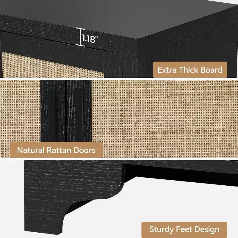 Buffet bas en rotin, Petit meuble de rangement avec portes et étagères, Commode en bois pour salon, salle à manger, cuisine, Chêne naturel