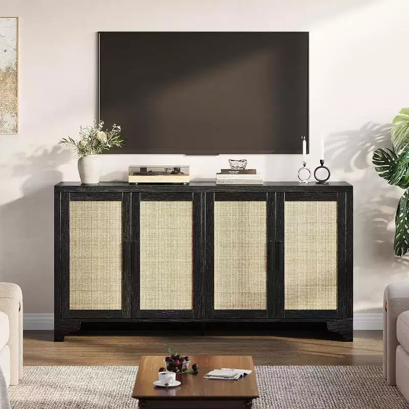 Buffet bas en rotin, Petit meuble de rangement avec portes et étagères, Commode en bois pour salon, salle à manger, cuisine, Chêne naturel