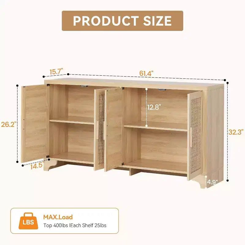 Buffet bas en rotin, Petit meuble de rangement avec portes et étagères, Commode en bois pour salon, salle à manger, cuisine, Chêne naturel