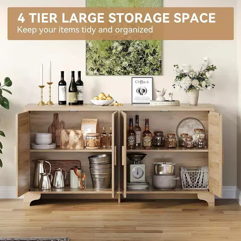 Buffet bas en rotin, Petit meuble de rangement avec portes et étagères, Commode en bois pour salon, salle à manger, cuisine, Chêne naturel