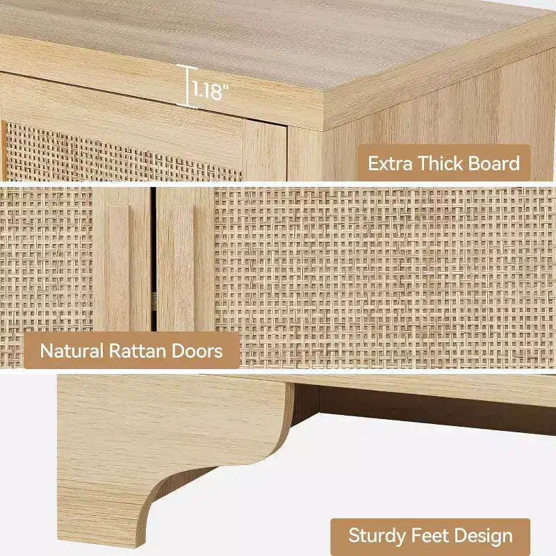 Buffet bas en rotin, Petit meuble de rangement avec portes et étagères, Commode en bois pour salon, salle à manger, cuisine, Chêne naturel