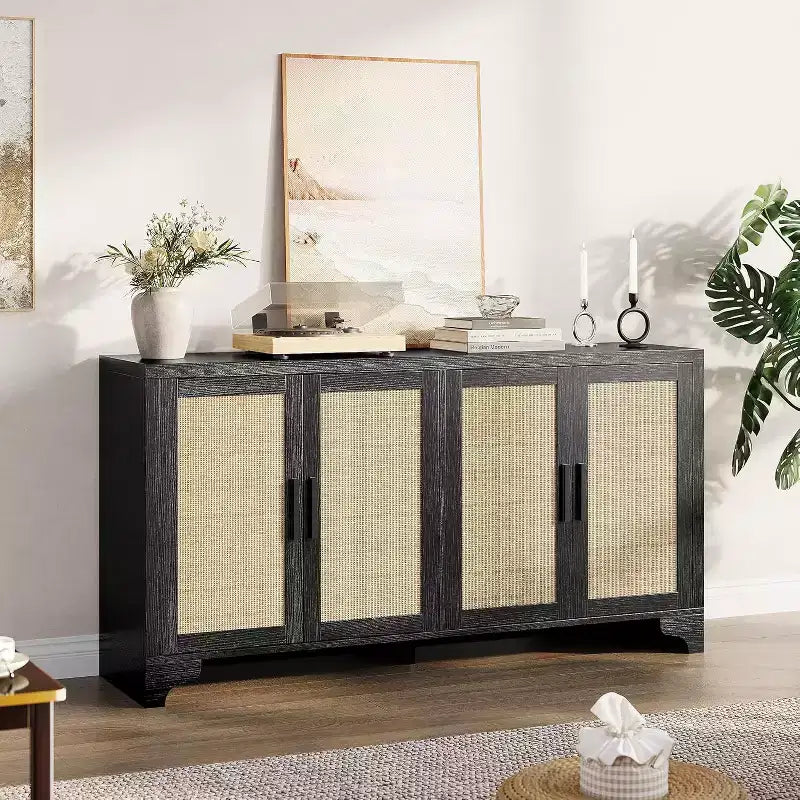 Rattan Buffet Cabinet, Small Storage with Doors and Shelves, Wooden Sideboard for Living Room, Dining Room, Kitchen, Natural Oak