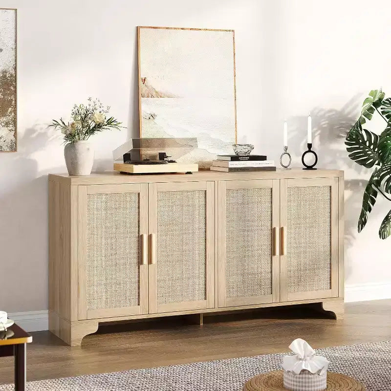 Mobile buffet in rattan, piccolo armadio contenitore con ante e ripiani, credenza in legno per soggiorno, sala da pranzo, cucina, rovere naturale