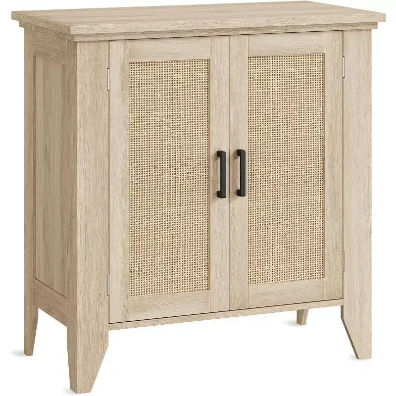 Mobile buffet in rattan, piccolo armadio contenitore con ante e ripiani, credenza in legno per soggiorno, sala da pranzo, cucina, rovere naturale
