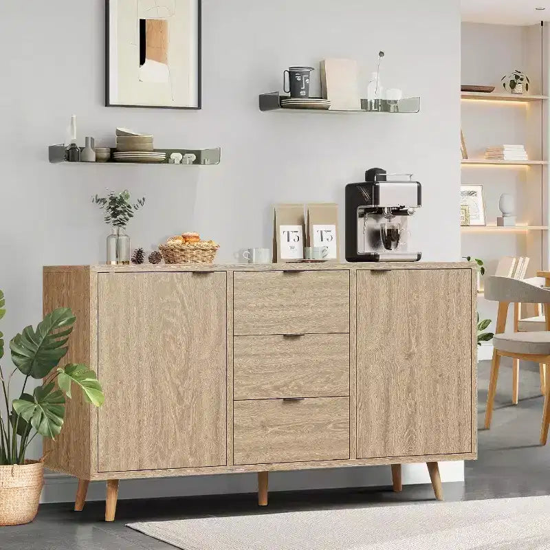 Mobile buffet in rattan, piccolo armadio contenitore con ante e ripiani, credenza in legno per soggiorno, sala da pranzo, cucina, rovere naturale