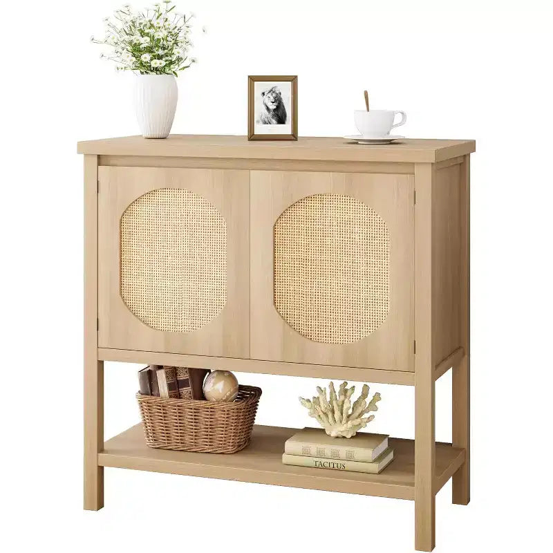 Mobile buffet in rattan, piccolo armadio contenitore con ante e ripiani, credenza in legno per soggiorno, sala da pranzo, cucina, rovere naturale