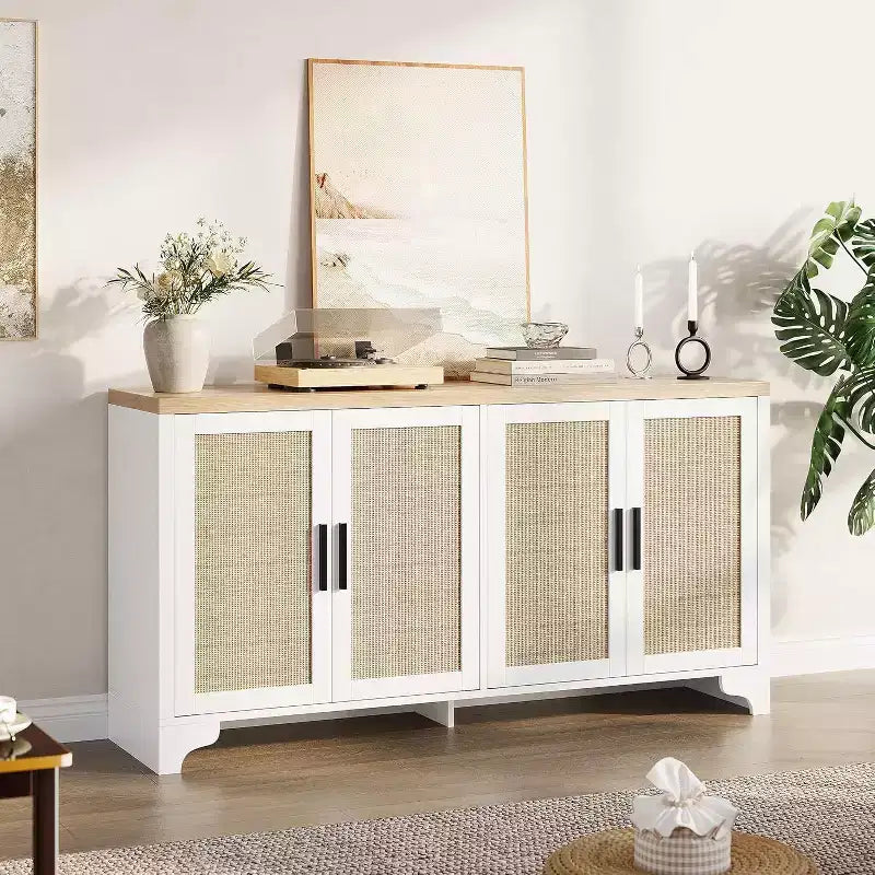 Mobile buffet in rattan, piccolo armadio contenitore con ante e ripiani, credenza in legno per soggiorno, sala da pranzo, cucina, rovere naturale