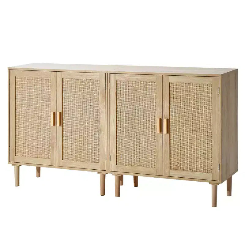 VEVOR Rattan Cabinet, Set of 2, Rattan Storage Cabinet with 4 Magnetic Doors and Adjustable Shelves, Sideboard Buffet Cabinet for Hallway, Natural