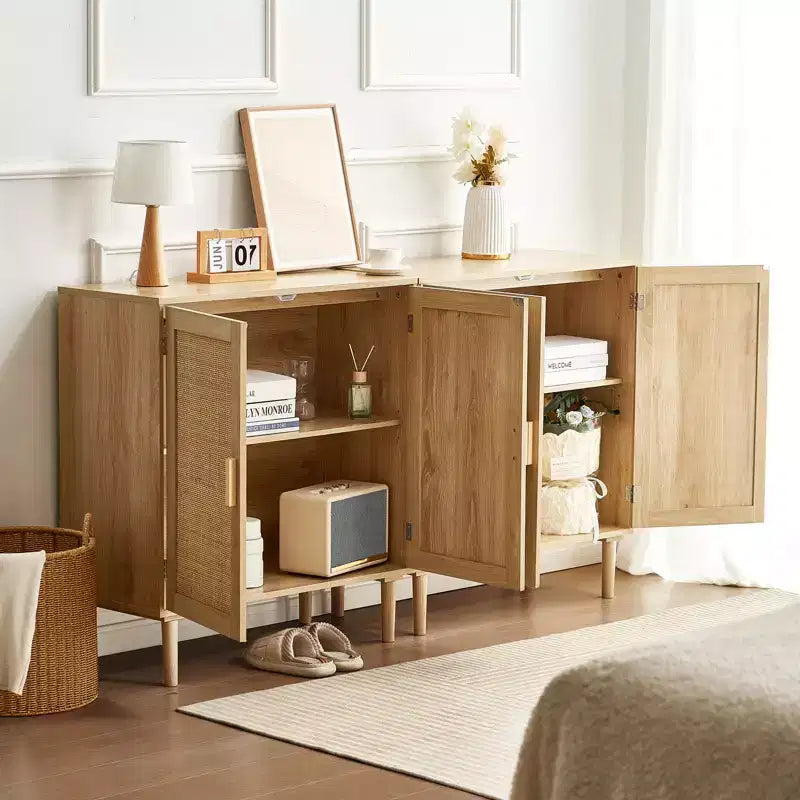 VEVOR Mobiletto in Rattan, Set da 2, Mobiletto Contenitore in Rattan con 4 Ante Magnetiche e Ripiani Regolabili, Credenza a Buffet per Corridoio, Naturale