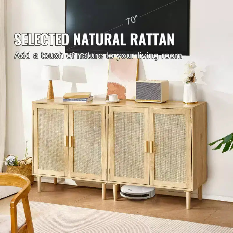 VEVOR Mobiletto in Rattan, Set da 2, Mobiletto Contenitore in Rattan con 4 Ante Magnetiche e Ripiani Regolabili, Credenza a Buffet per Corridoio, Naturale