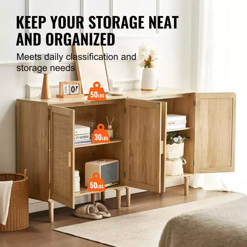 VEVOR Mobiletto in Rattan, Set da 2, Mobiletto Contenitore in Rattan con 4 Ante Magnetiche e Ripiani Regolabili, Credenza a Buffet per Corridoio, Naturale