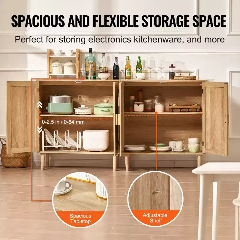 VEVOR Mobiletto in Rattan, Set da 2, Mobiletto Contenitore in Rattan con 4 Ante Magnetiche e Ripiani Regolabili, Credenza a Buffet per Corridoio, Naturale