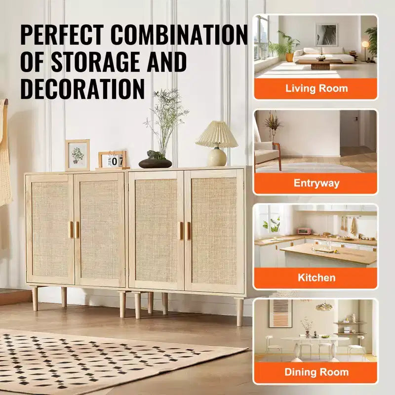VEVOR Mobiletto in Rattan, Set da 2, Mobiletto Contenitore in Rattan con 4 Ante Magnetiche e Ripiani Regolabili, Credenza a Buffet per Corridoio, Naturale