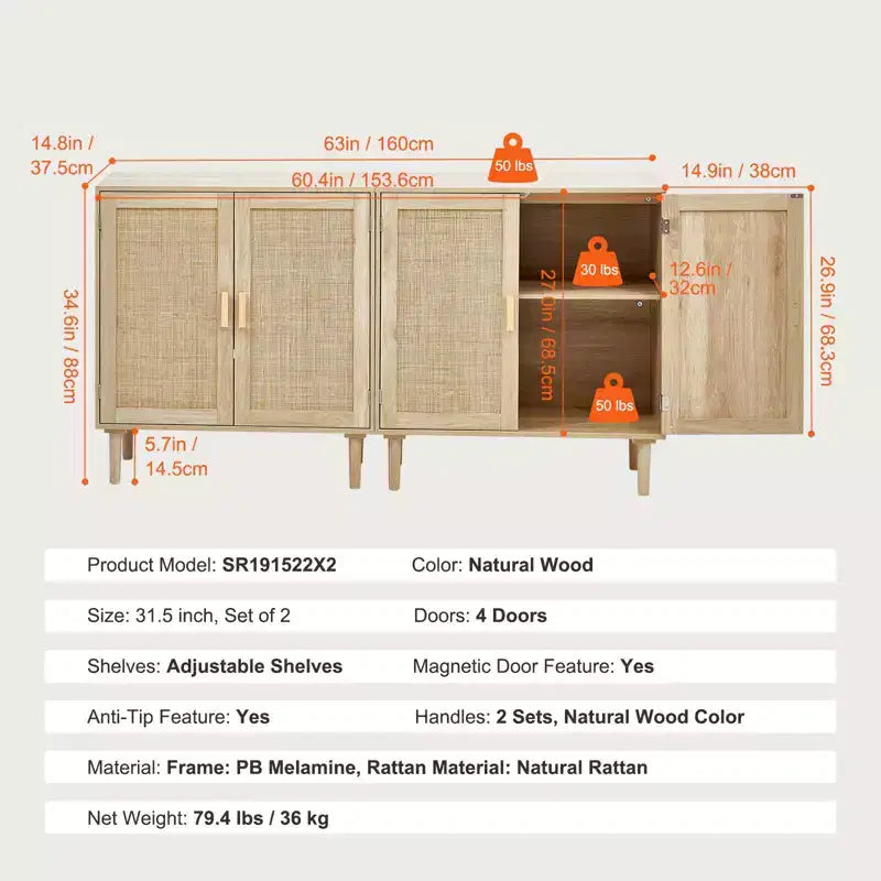VEVOR Mobiletto in Rattan, Set da 2, Mobiletto Contenitore in Rattan con 4 Ante Magnetiche e Ripiani Regolabili, Credenza a Buffet per Corridoio, Naturale