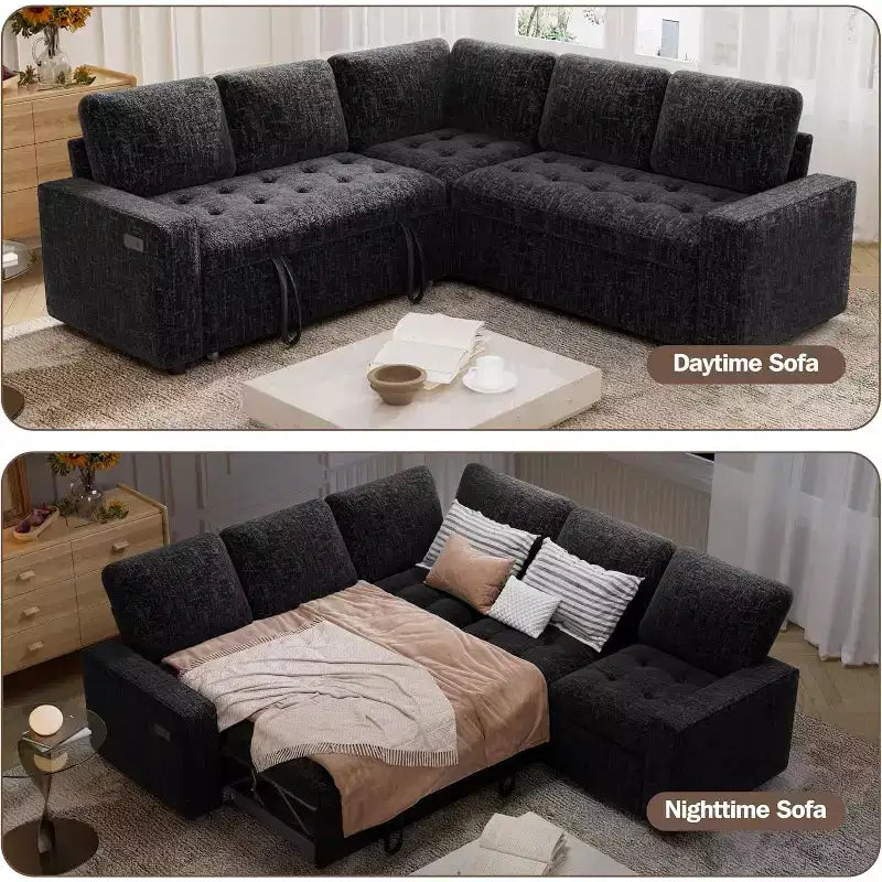 Canapé superposé modulaire Dyonery avec lit gigogne, canapé modulaire combiné 5 places en L, dossier réglable/siège de rangement, assemblage sans outils